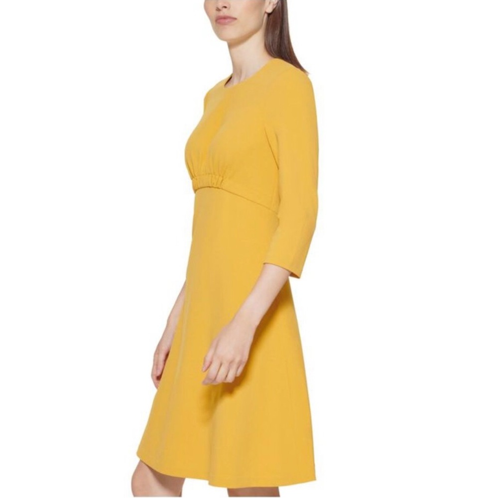 Calvin Klein Empire Waist 3/4 Sleeve Mini Fit and Flare Dress in Gold, size 10